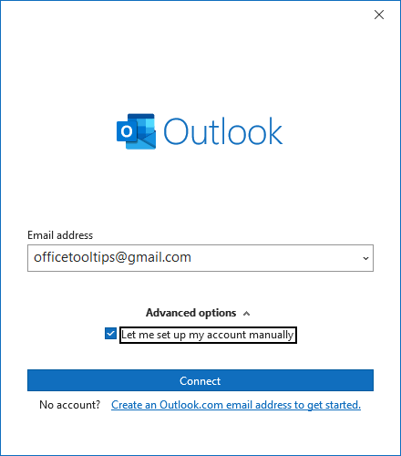 Let me set up my account manually in adding account Outlook 365