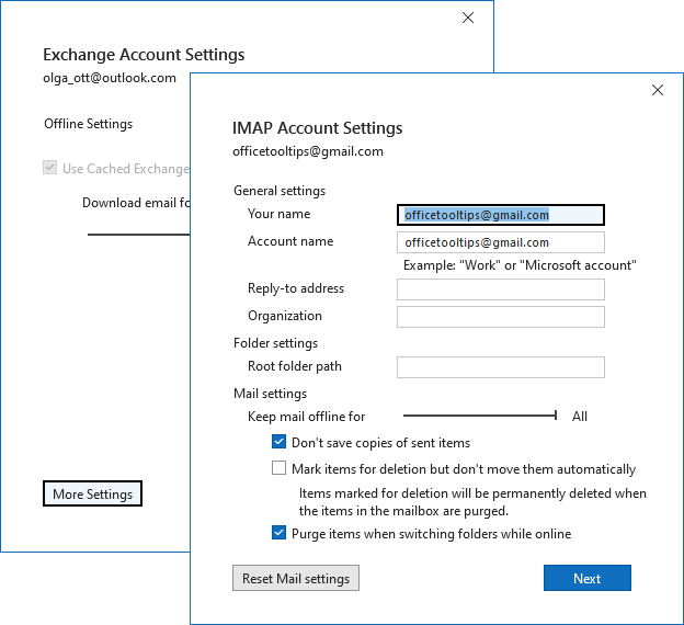 Exchange / POP / IMAP Account Settings in Outlook 365