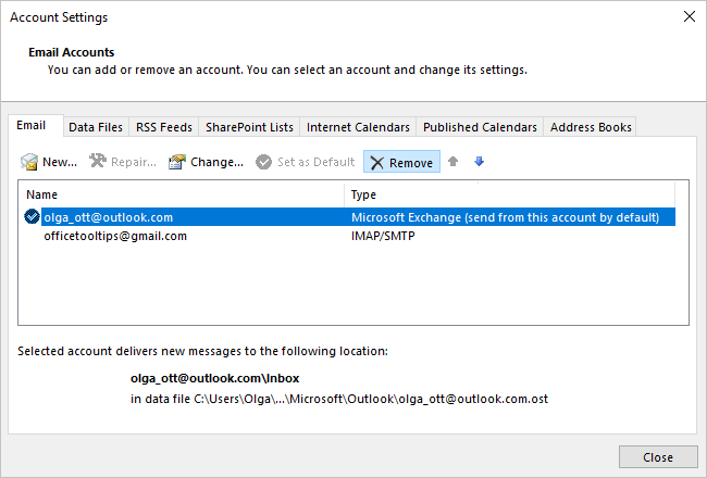 Remove in Account Settings dialog box Outlook 365