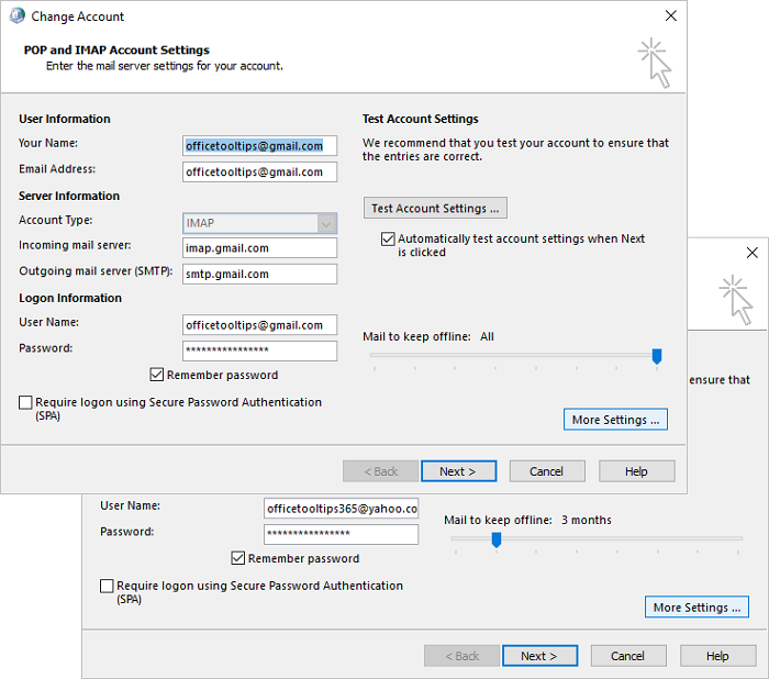 Change POP and IMAP Account Settings dialog box in Windows 10