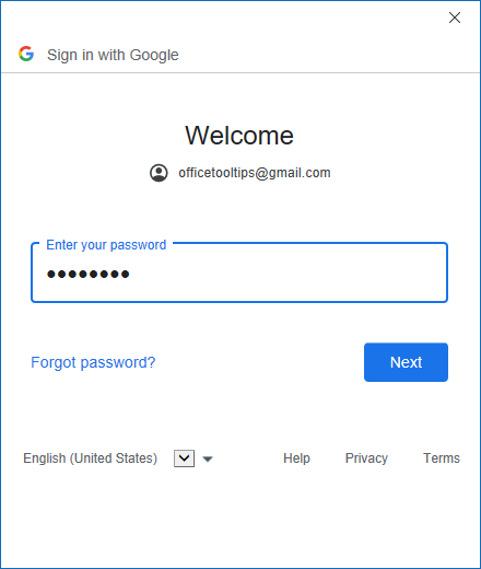 Google password in adding account Outlook 365