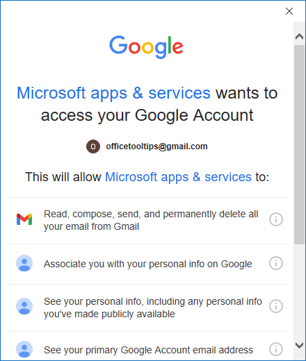 Google account permission in adding account Outlook 365