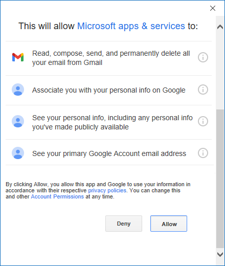 Google account permission 2 in adding account Outlook 365
