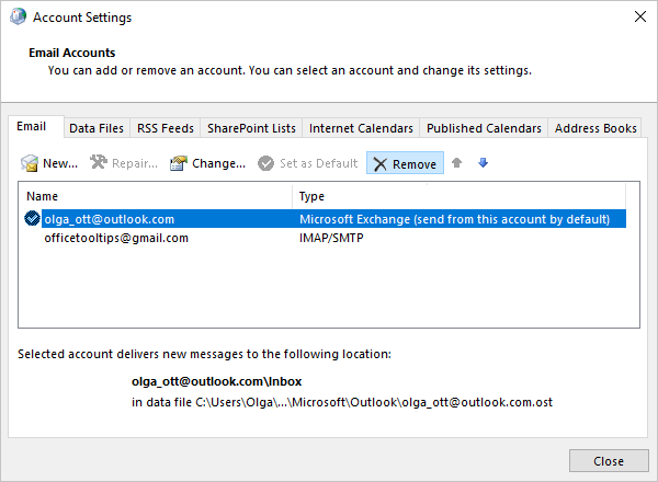 Remove in Account Settings dialog box Windows 10