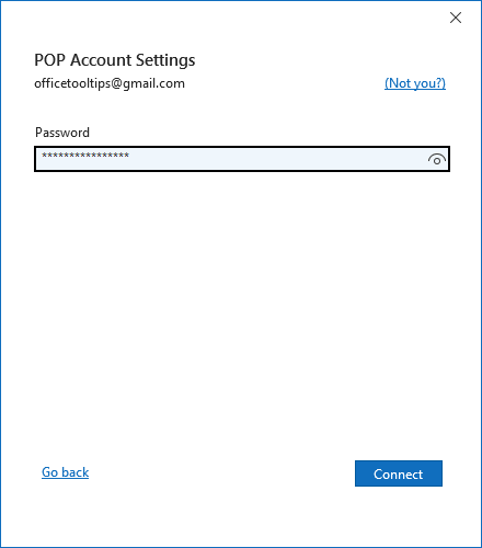 POP password in adding account Outlook 365