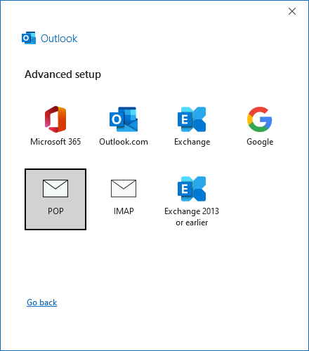 POP button in adding account Outlook 365