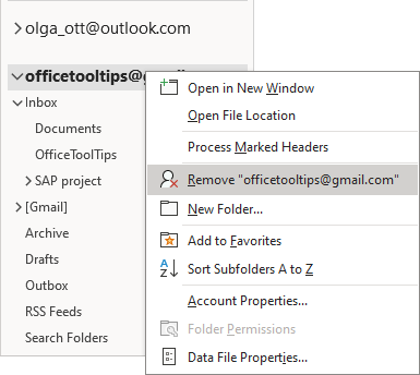 Remove account in Outlook 365