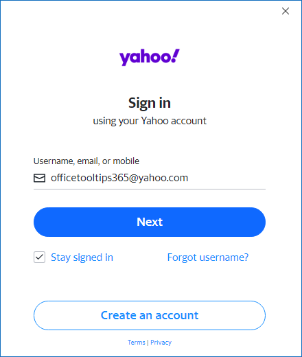 Adding Yahoo account in Outlook 365