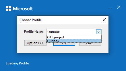 Choose Profile dialog box in Outlook 365 start