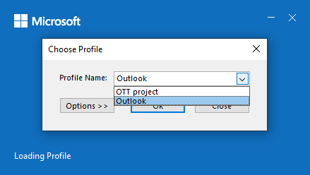 Choose Profile dialog box in Outlook for Microsoft 365 start Choose Profile dialog box in Outlook 365 start