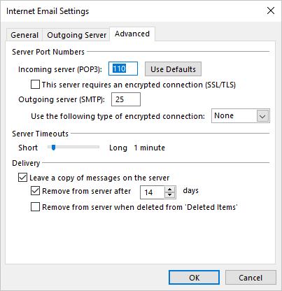 Internet Email Settings dialog box Windows 10