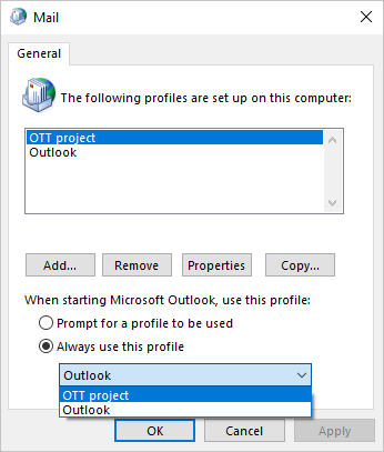Always use this profile in Mail dialog box Windows 10