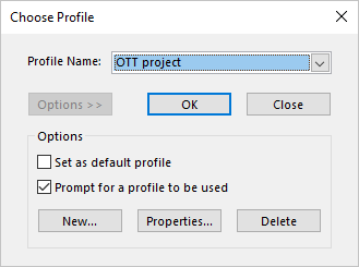Options in Choose Profile dialog box Outlook 365 start