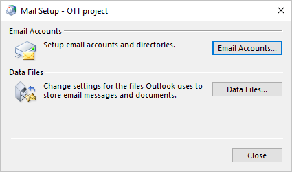 Email Accounts in Mail Setup dialog box Windows 10