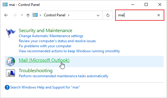 Mail (Microsoft Outlook) in Control Panel Windows 10