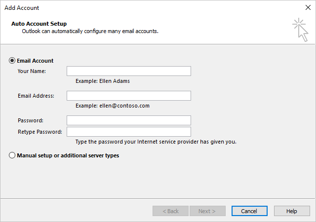 Add Account dialog box in Windows 10