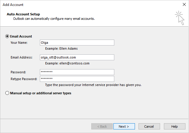 Add Account with automatic connections in Windows 10