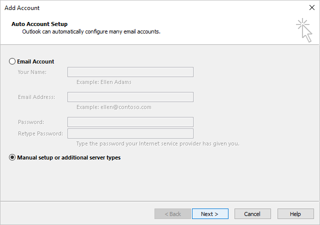 Manual setup or additional server types in Add Account dialog box Windows 10 Manual setup or additional server types in Add Account dialog box Windows 10