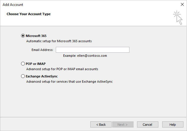 Microsoft 365 options in Add Account dialog box Windows 10
