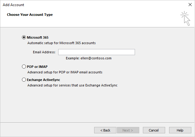 Microsoft 365 options in Add Account dialog box Windows 10 Microsoft 365 options in Add Account dialog box Windows 10