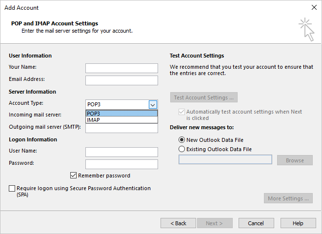 Account Type in Add Account dialog box Windows 10