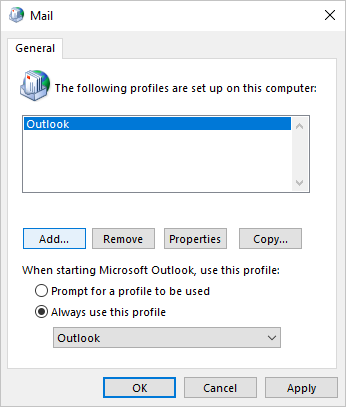 Add in Mail dialog box Windows 10