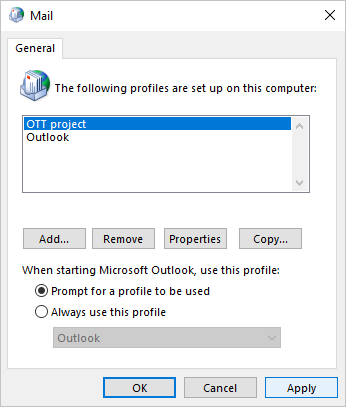 Prompt for a profile to be used in Mail dialog box Windows 10