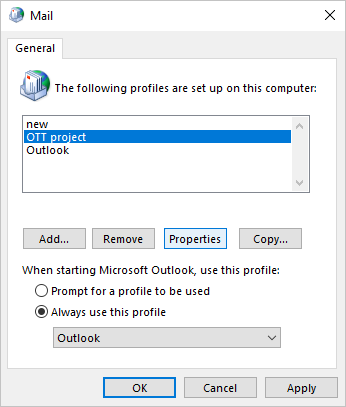 Profile properties in Mail dialog box Windows 10 Profile properties in Mail dialog box Windows 10