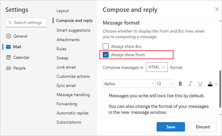 Message format in Settings Outlook for Web