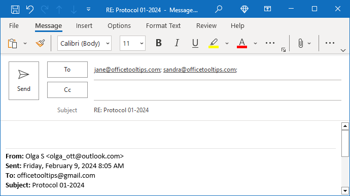 Example with different From and To addresses in message Outlook 365