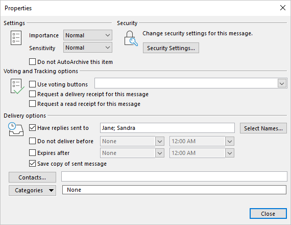 Examples of addresses in Properties dialog box Outlook 365