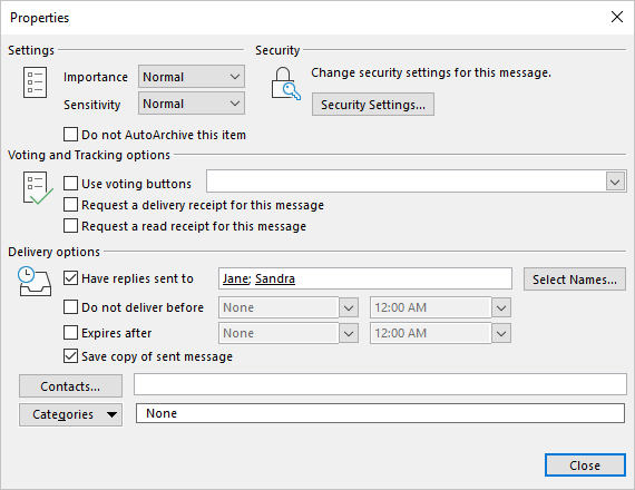 Verified addresses in Properties dialog box Outlook 365