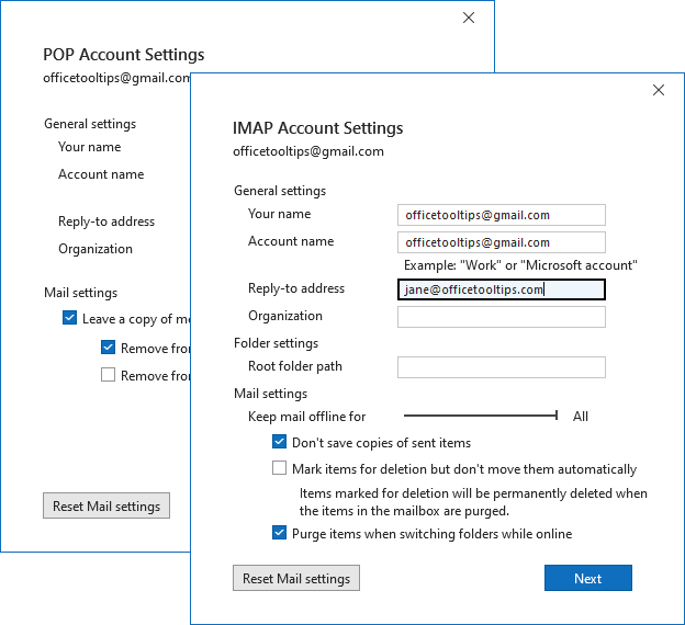 POP / IMAP Account Settings dialog box in Outlook 365