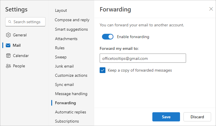 Forwarding my email to in Settings Outlook for Web