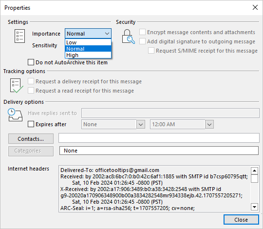 Importance levels in Properties dialog box Outlook 365