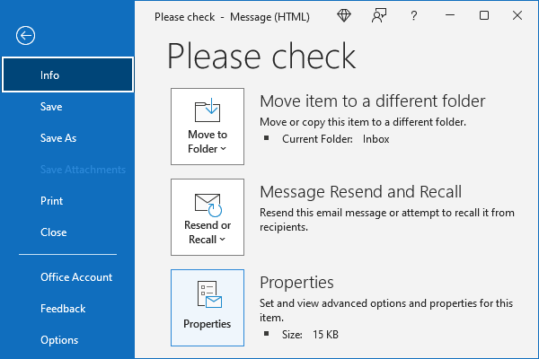 Properties button in Information pane Outlook 365