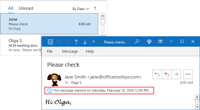 Example of message with expiration date and time in Outlook 365