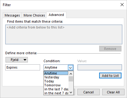 Condition list in Conditional Formatting dialog box in Outlook 365