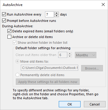 AutoArchive dialog box in Outlook 365
