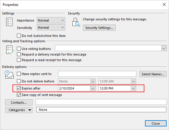 Expires after in Properties dialog box Outlook 365