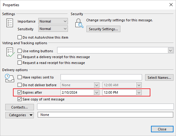 Expires after in Properties dialog box Outlook for Microsoft 365 Expires after in Properties dialog box Outlook 365