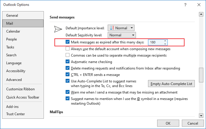 Mark messages as expired in Outlook Options 365