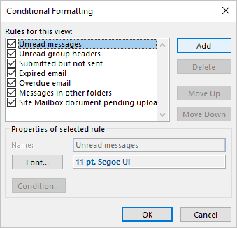 Add button in Conditional Formatting dialog box in Outlook 365