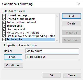 Font button in Conditional Formatting dialog box in Outlook 365