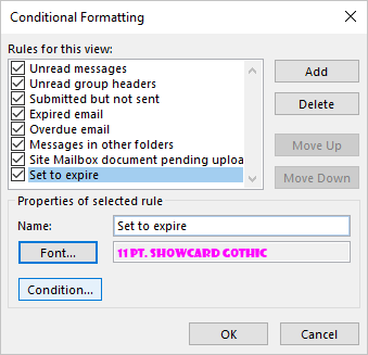 Condition button in Conditional Formatting dialog box in Outlook 365
