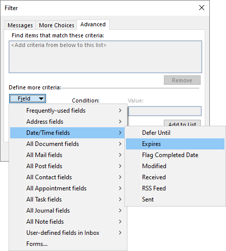 Fields in Conditional Formatting dialog box in Outlook 365