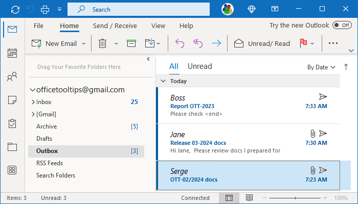Messages in Outbox folder Outlook 365