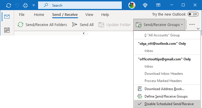 Disable Scheduled Send/Receive in Simplified ribbon Outlook 365