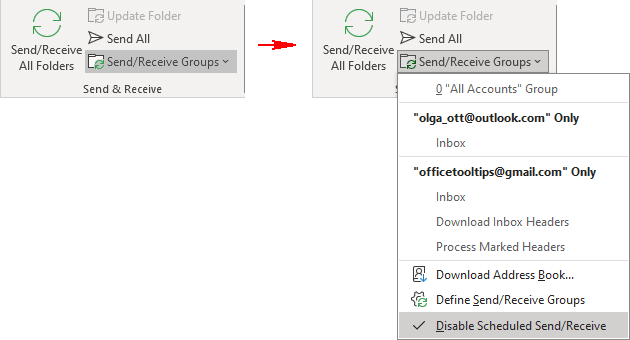 Disable Scheduled Send/Receive in Classic ribbon Outlook 365