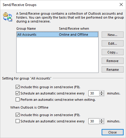 Send/Receive Groups dialog box in Outlook 365